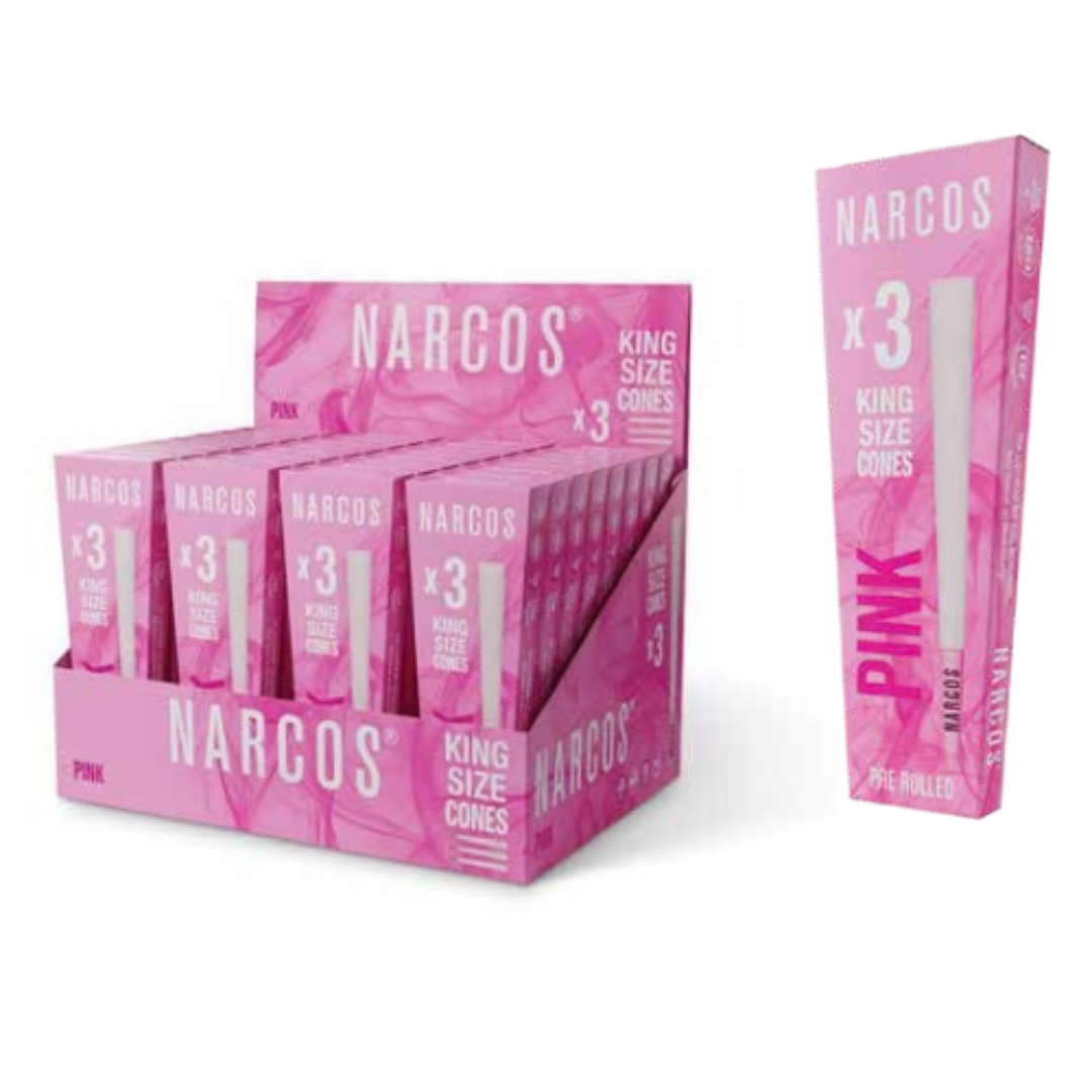 NARCOS PINK CONES PRE-ROLLED MADE WITH NATURAL, ARABIC GUM & PREMIUM FRANCE PAPER / DISPLAY 32/ 4852